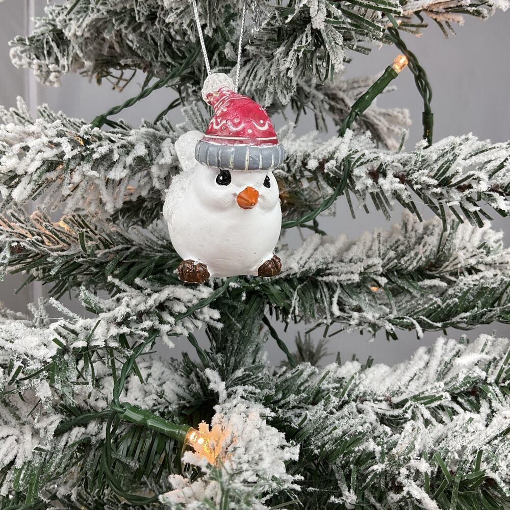 Christmas Ornament- White Bird Wearing Red And Gray Hat- Christmas Ornament